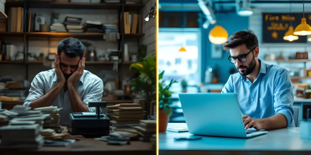 Split-screen showing struggling local businesses with outdated tools versus thriving competitors using modern digital solutions.