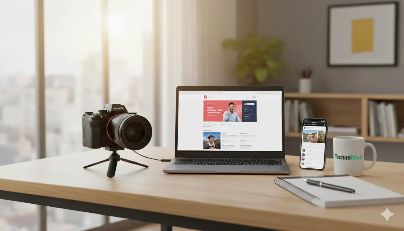 Modern digital workspace with Sony 4K camera, laptop, and smartphone showing online marketing setup — TechnoTaau offers complete digital services in Suratgarh.